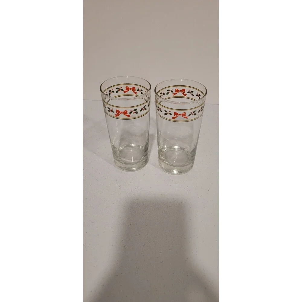 Vintage Anchor Hocking AHC83 Bow and Holly Gold and Green Bands Tumbler Set of 4